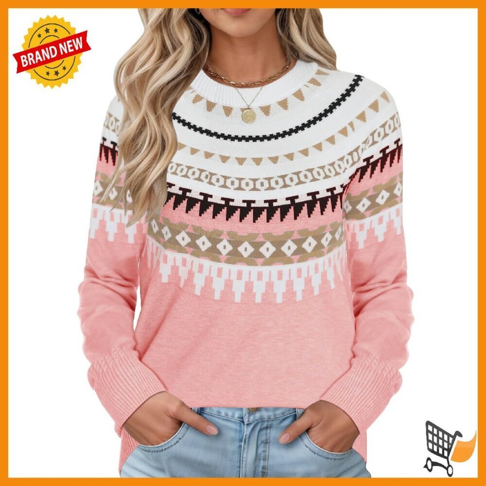 Women's Lightweight Fair Isle Sweater Crew Neck Raglan Sleeve Pullover